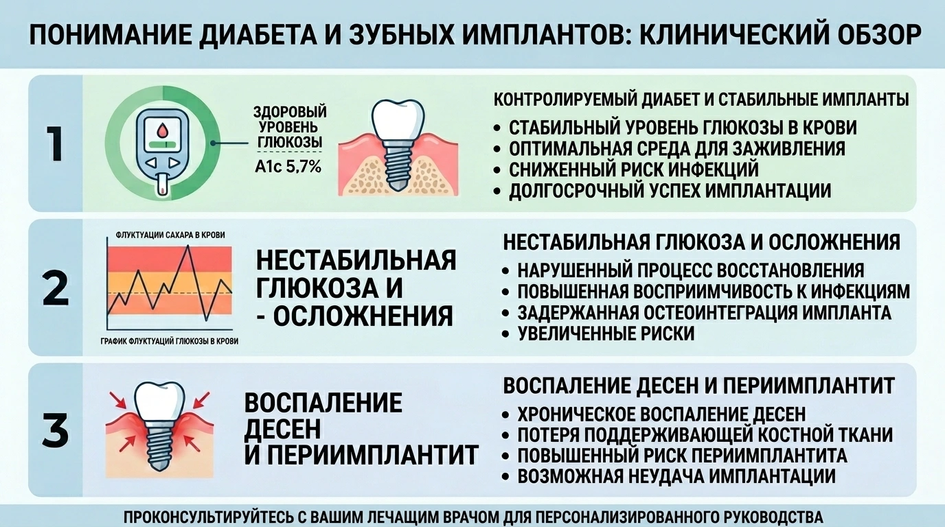 Инфографика о влиянии контролируемого диабета, нестабильной глюкозы и воспаления дёсен на имплантацию зубов
