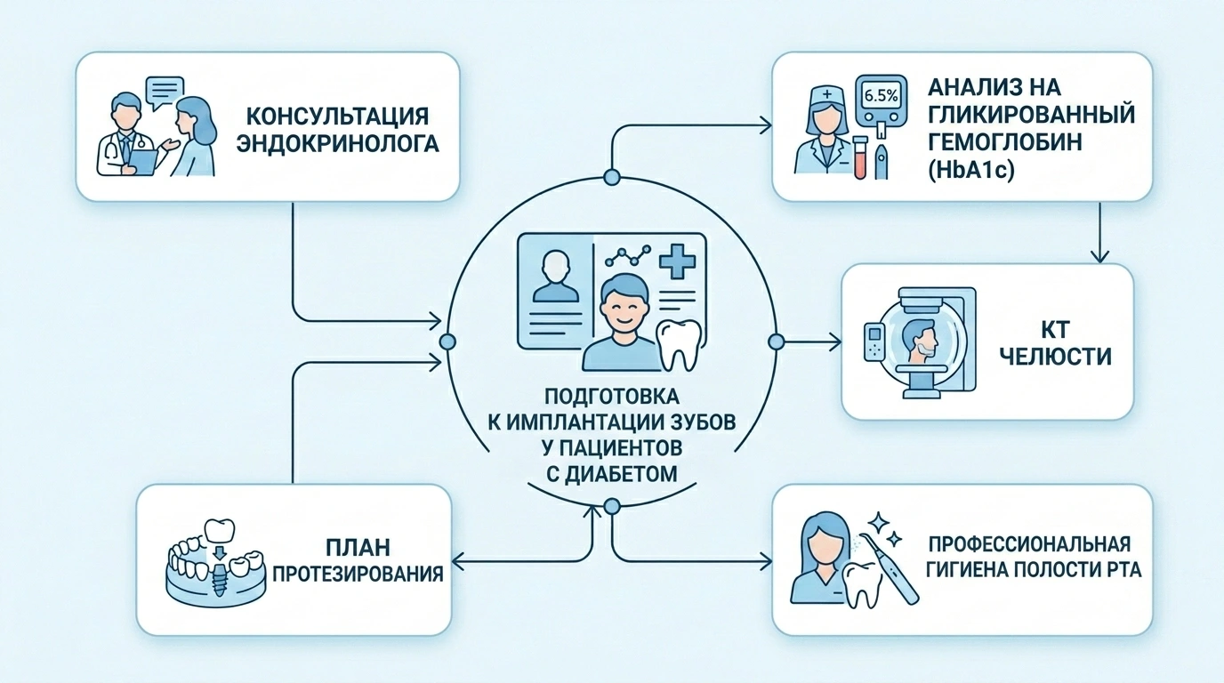 Схема подготовки к имплантации зубов при диабете с эндокринологом, HbA1c, КТ, гигиеной и протезным планом