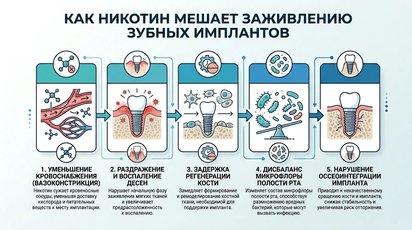 Инфографика о влиянии никотина на сосуды, десну, кость, микрофлору и остеоинтеграцию импланта