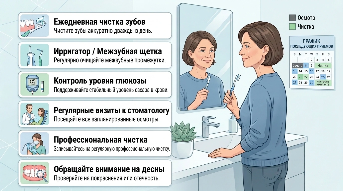 Чек-лист ухода за зубными имплантами при диабете с домашней гигиеной и контрольными визитами