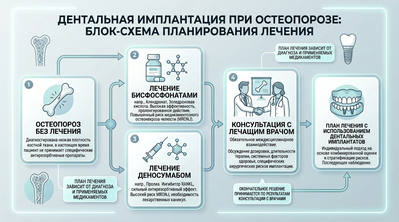 Схема факторов, влияющих на имплантацию при остеопорозе: отсутствие терапии, бисфосфонаты, деносумаб и согласование с лечащим врачом