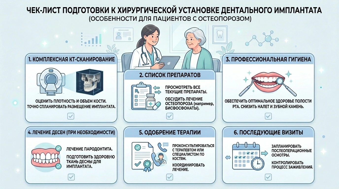 Чек-лист подготовки к имплантации при остеопорозе: КТ, список лекарств, гигиена, лечение дёсен, согласование терапии и контрольные визиты