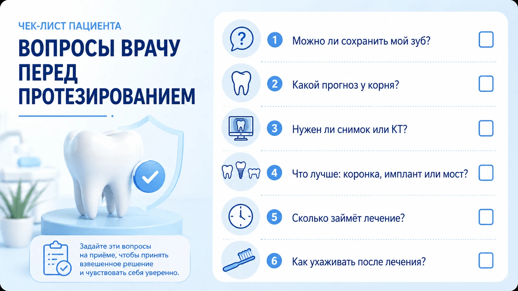 Чек-лист вопросов врачу перед выбором коронки, импланта или моста