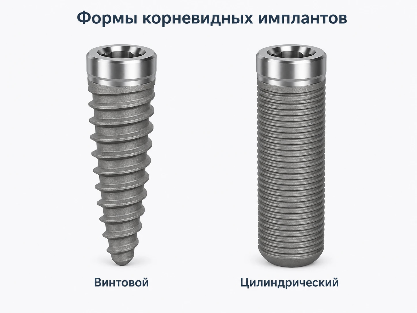 Сравнительная иллюстрация винтовой и цилиндрической формы корневидных имплантов