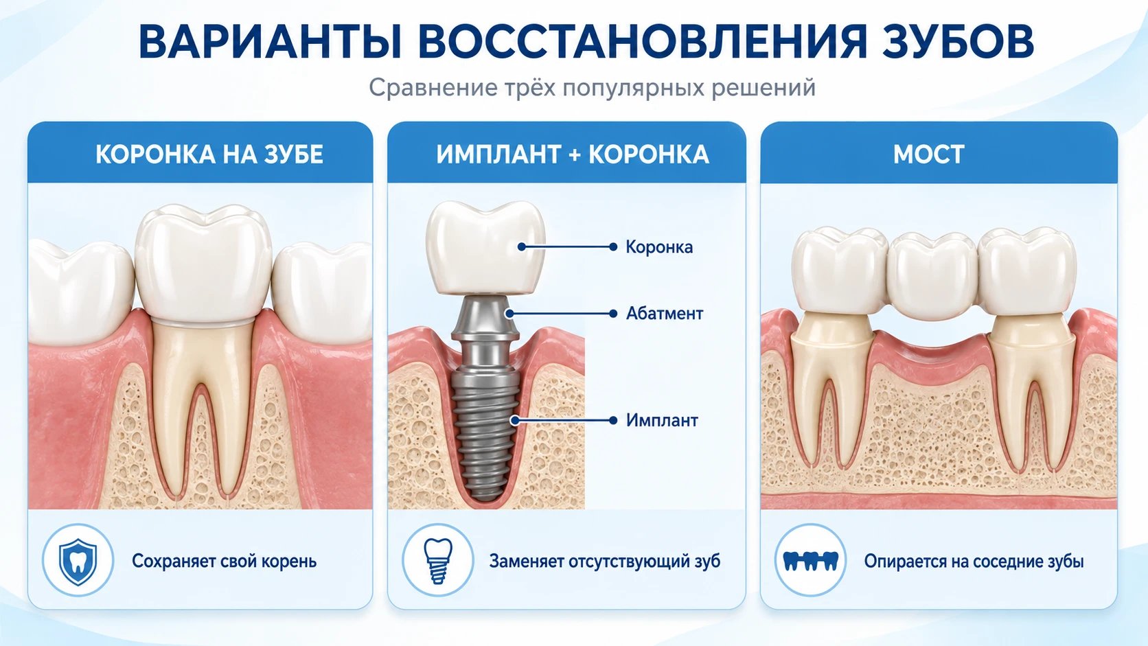 Инфографика сравнения коронки на своём зубе, импланта с абатментом и коронкой и мостовидного протеза