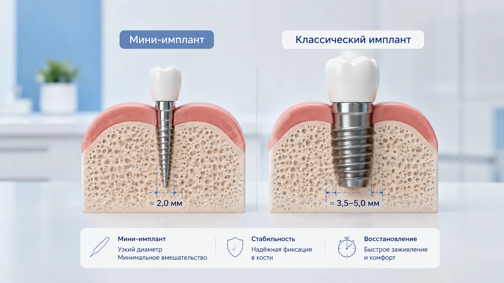 Схема мини-импланта меньшего диаметра и классического импланта