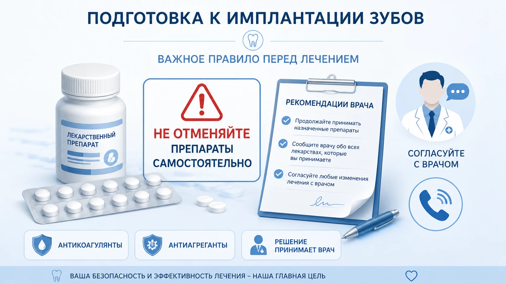 Иллюстрация-предупреждение не отменять антикоагулянты и антиагреганты самостоятельно перед имплантацией