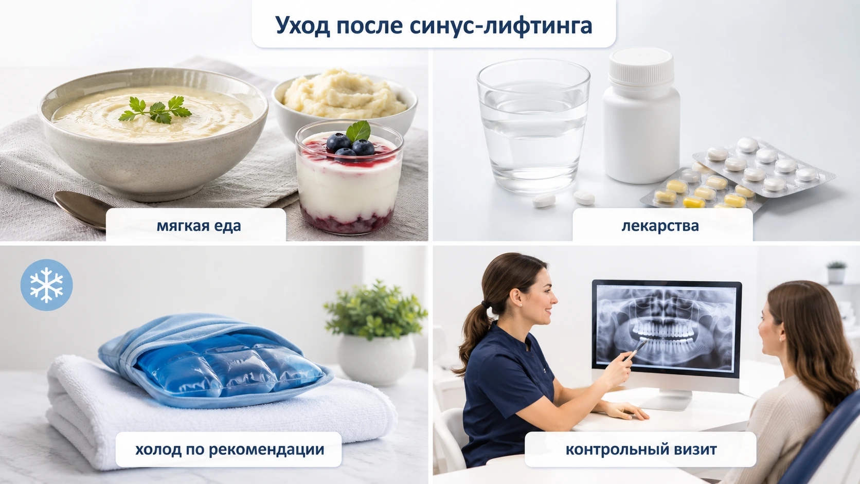 Уход после синус-лифтинга: мягкая еда, лекарства, холод по рекомендации и контрольный визит