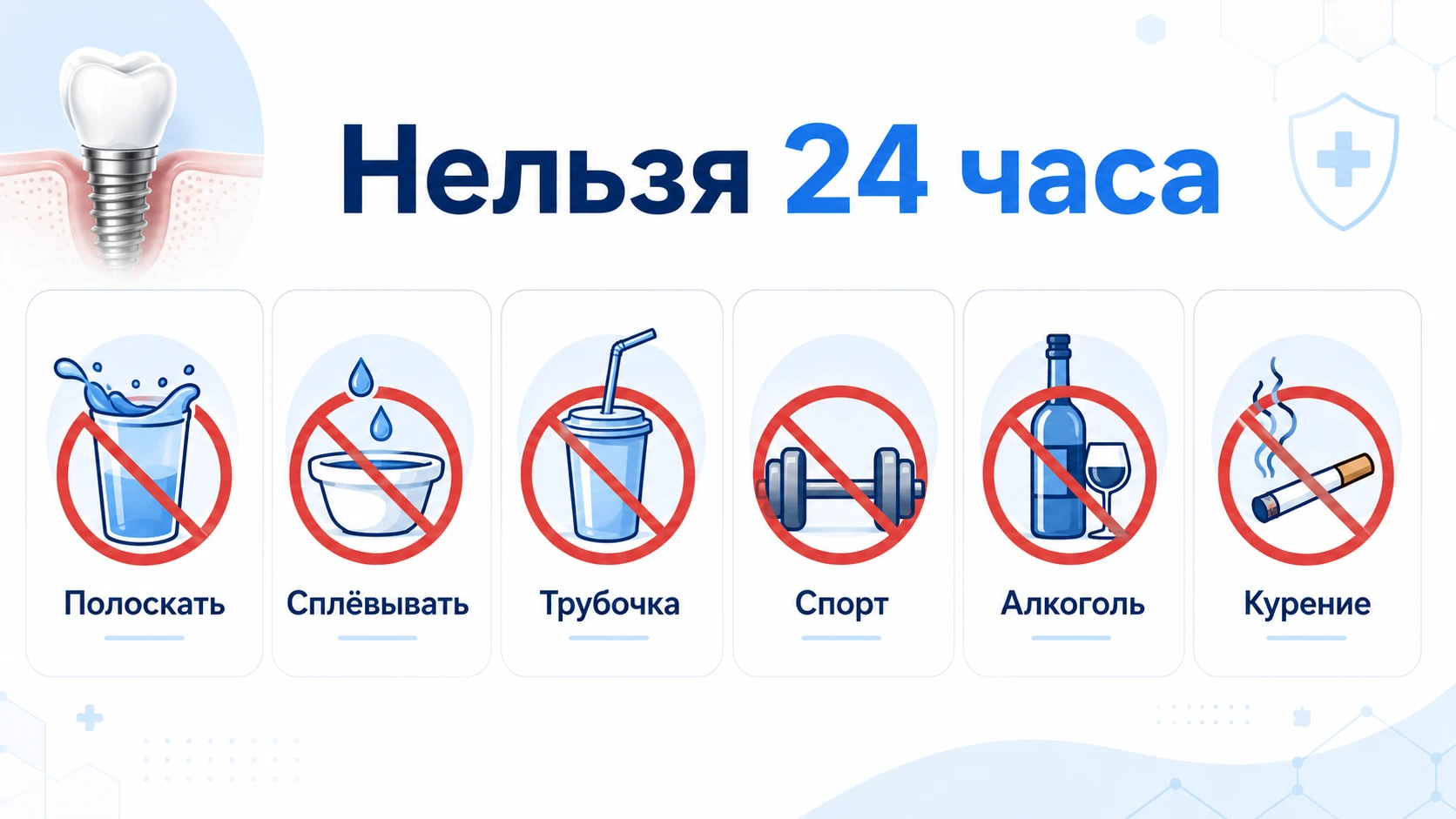 Инфографика запретов в первые 24 часа после имплантации: не полоскать, не сплёвывать, не пить через трубочку, не заниматься спортом, не употреблять алкоголь и не курить